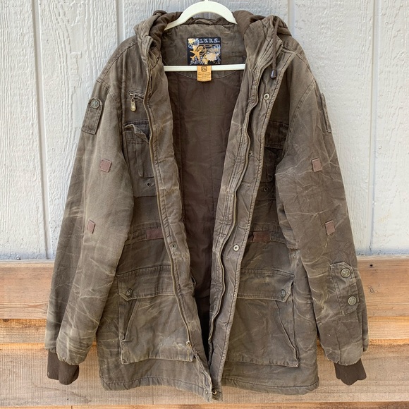 IVFZ heavy quilted distressed khaki canvas army utility jacket full zip coat - Picture 10 of 12